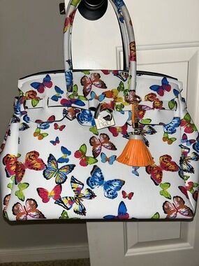 Butterfly Print Satchel with Orange Tassel